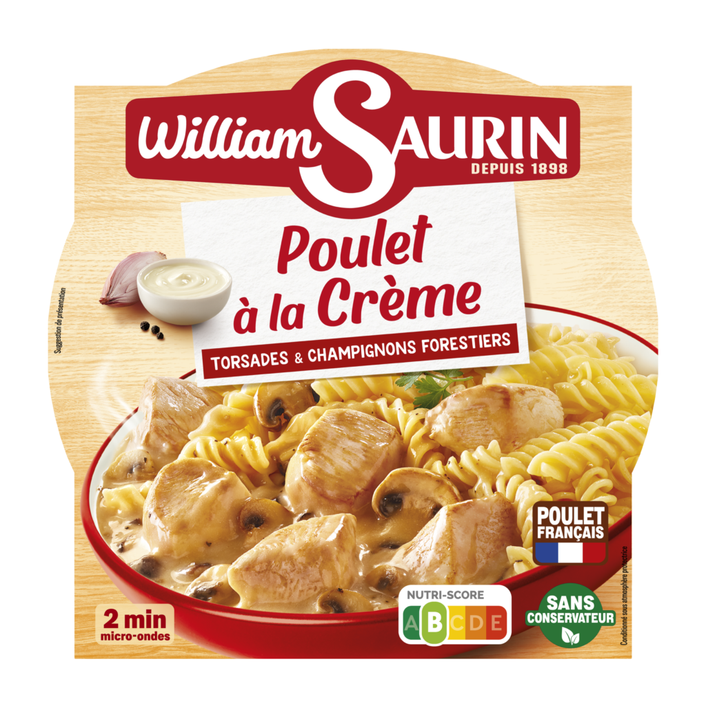 Poulet à la crème William Saurin, de tendre morceaux de poulet origine France, cuisiné avec une sauce onctueuse à la crème et de savoureux champignons.