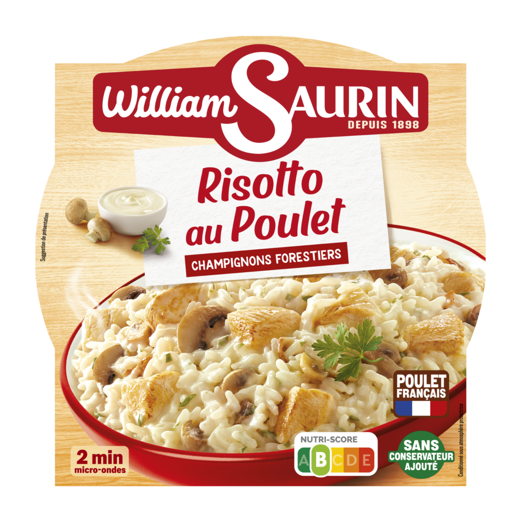 Risotto au poulet William Saurin, onctueux et fondant, préparé avec du riz délicatement cuisiné et une sauce crémeuse aux champignons.