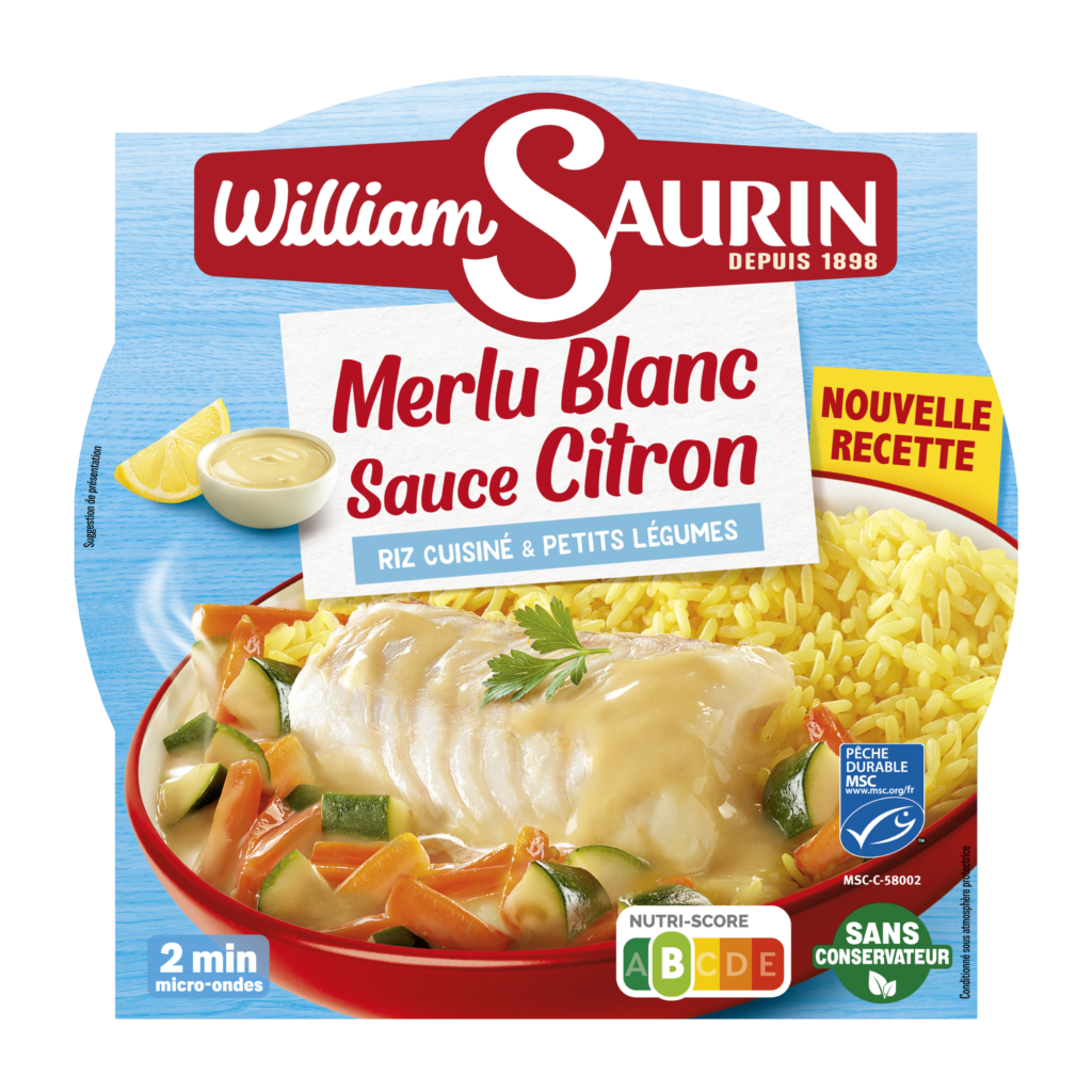 Merlu blanc sauce citron William Saurin, filet de poisson tendre nappé d’une sauce citronnée légère et savoureuse.
