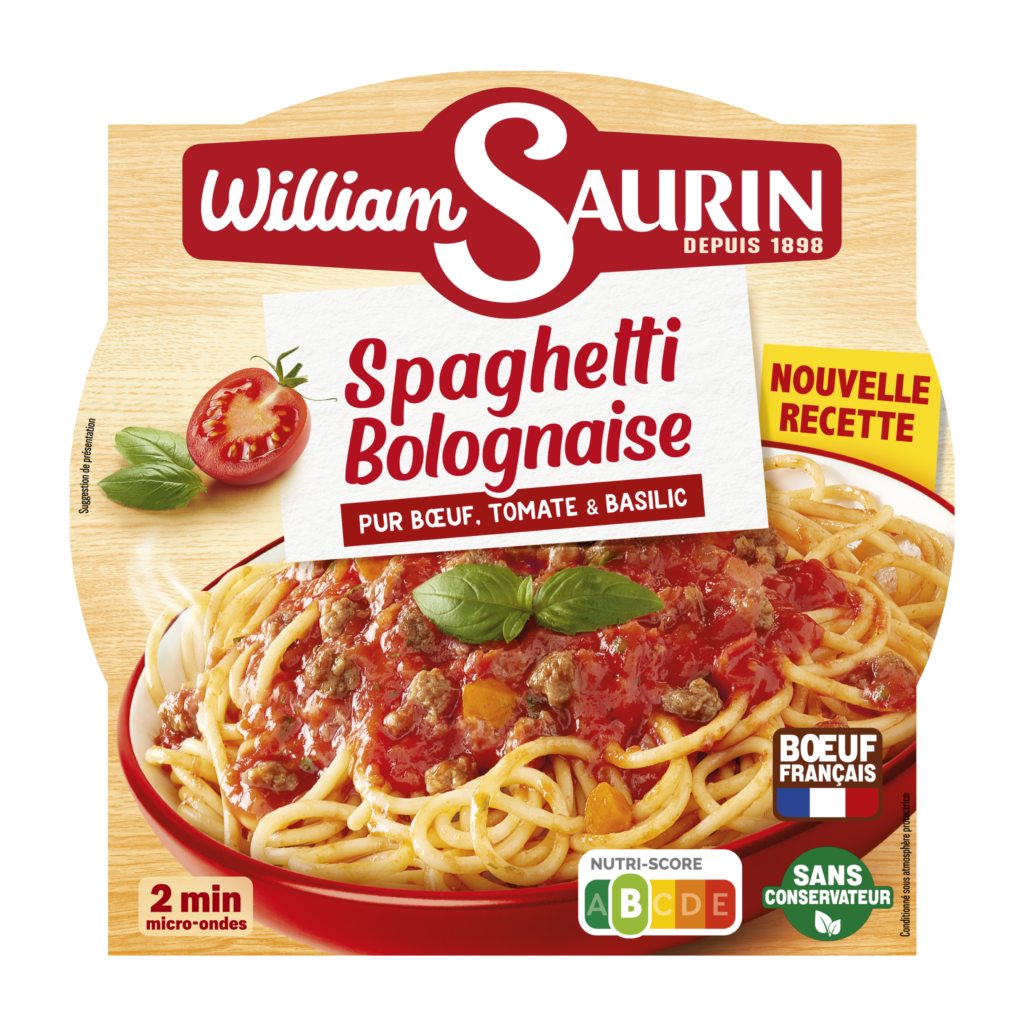Spaghetti bolognaise William Saurin, de tendres pâtes nappées d’une sauce tomate savoureuse à la viande de bœuf origine France.