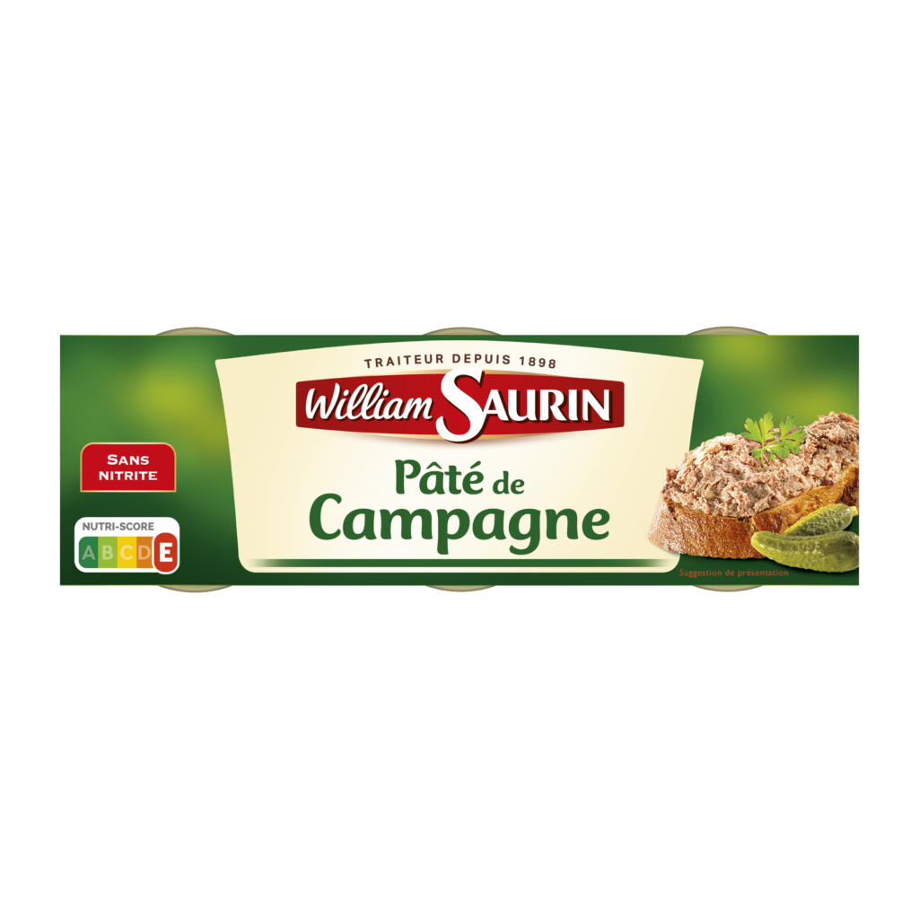 Pâté de campagne William Saurin authentique et fondant, à savourer à l’apéritif ou en entrée et idéal pour les pique-niques ! Sans nitrite