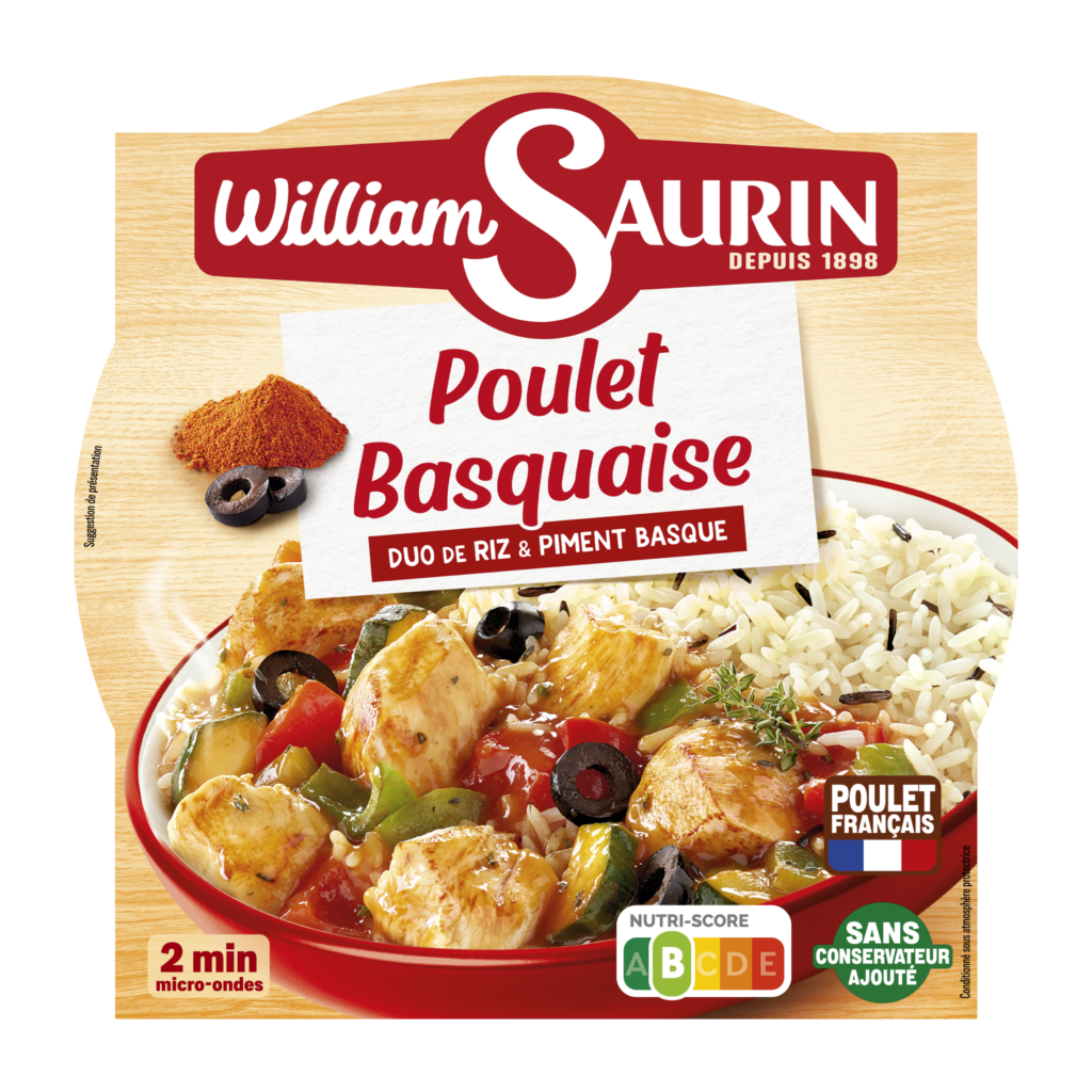 Poulet basquaise William Saurin, morceaux de poulet origine France, mijotés avec des poivrons, tomates et épices pour un goût authentique et savoureux.
