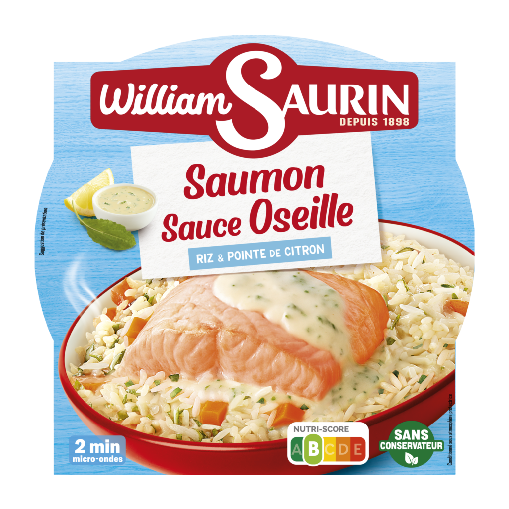 Saumon à la sauce oseille William Saurin, filet de poisson tendre nappé d’une sauce onctueuse à l’oseille.