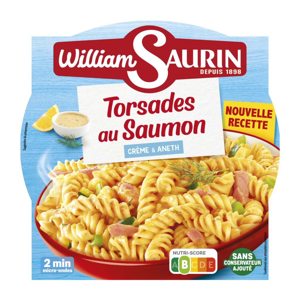 Torsades au saumon William Saurin, pâtes fondantes accompagnées d’une sauce onctueuse à l'aneth et au saumon.