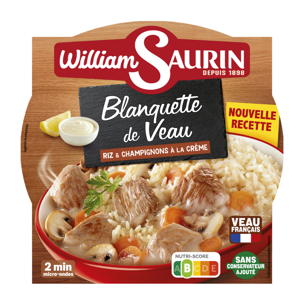 Blanquette de veau William Saurin, cuisinée avec des morceaux de veau tendres, des légumes fondants et une sauce onctueuse.