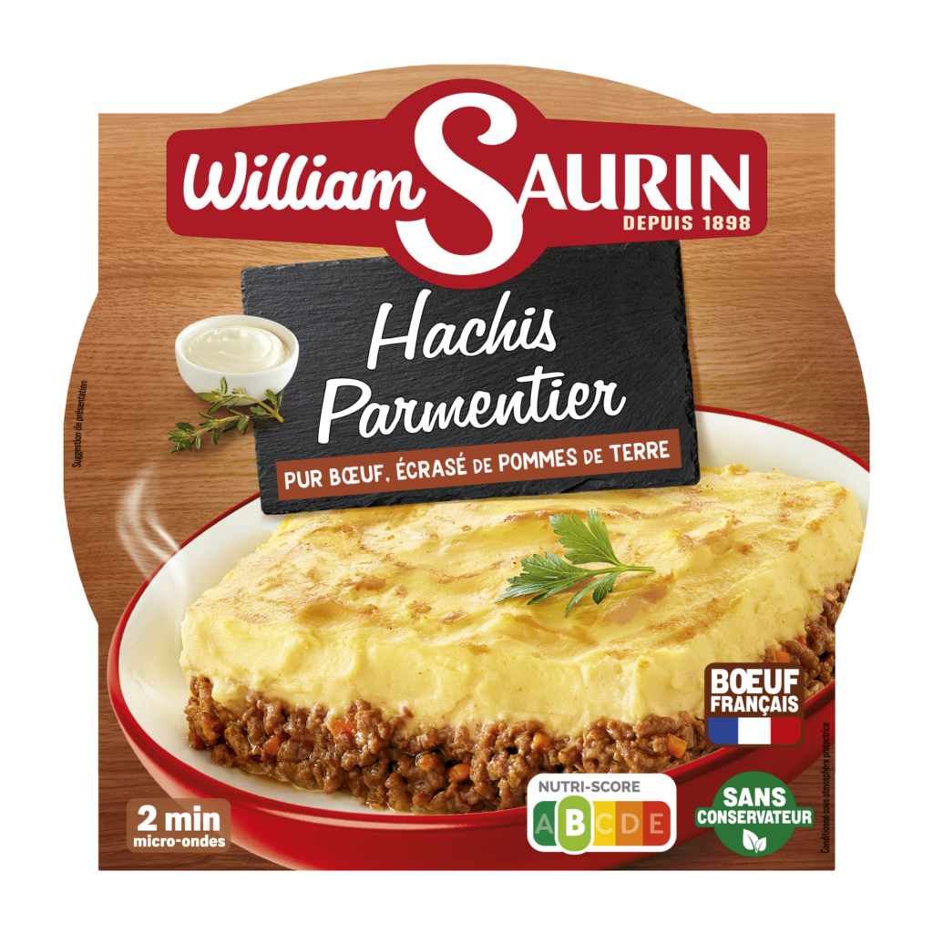 Hachis Parmentier William Saurin, savoureux et réconfortant, avec une purée de pommes de terre fondante et une viande de bœuf d'origine française.