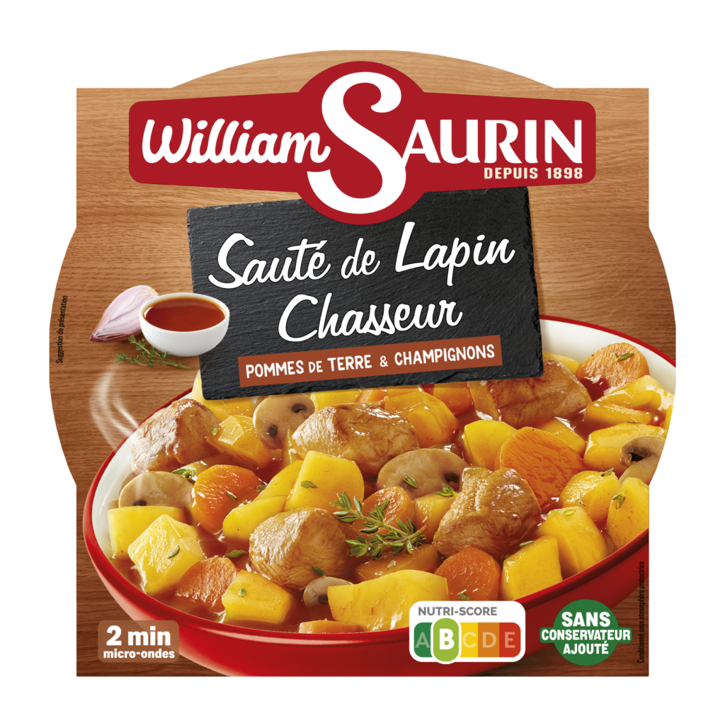 Sauté de lapin chasseur William Saurin, tendre et savoureux, mijoté avec une sauce aux champignons et aux herbes.
