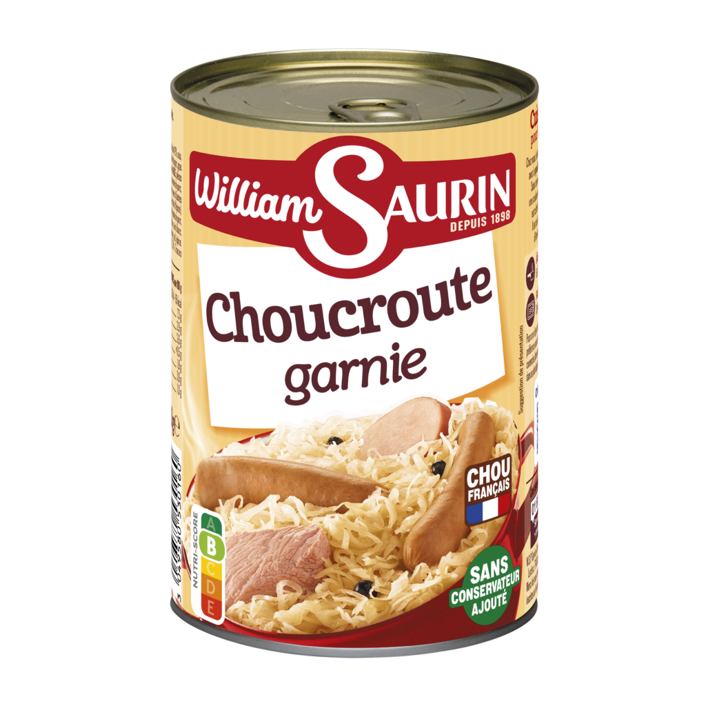 Choucroute Garnie William Saurin avec du chou cultivé et préparé en France.