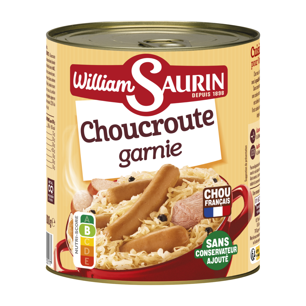 Choucroute Garnie William Saurin avec du chou cultivé et préparé en France.