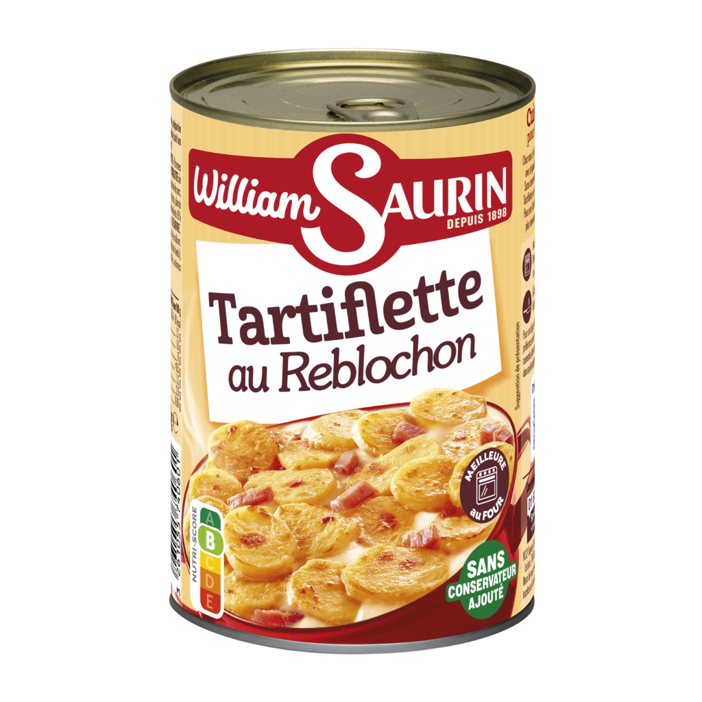 Tartiflette au reblochon William Saurin, gratinée avec des pommes de terre fondantes, du reblochon crémeux et des lardons savoureux.