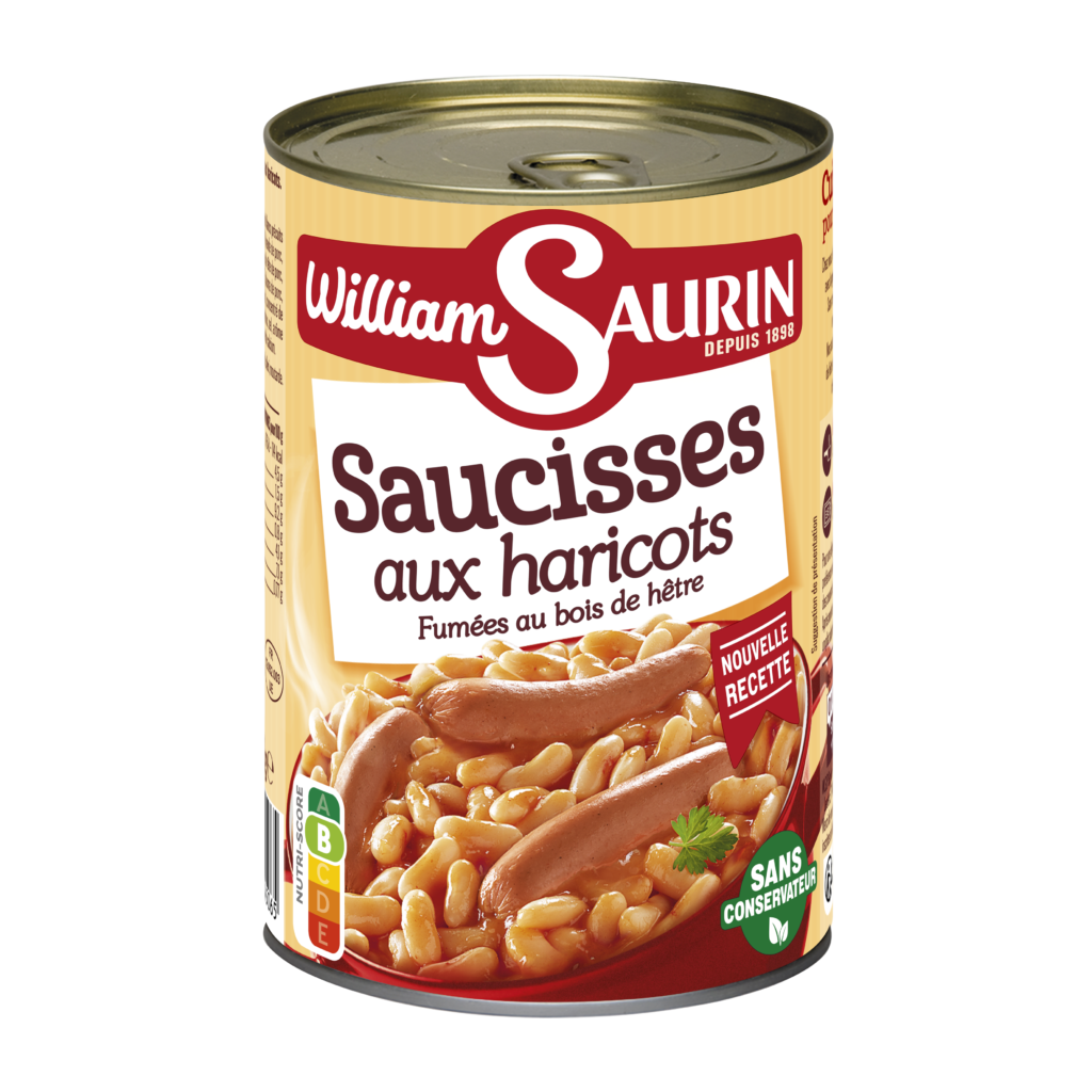 Saucisses aux haricots blancs fondants William Saurin, cuisinées dans une sauce tomate savoureuse.