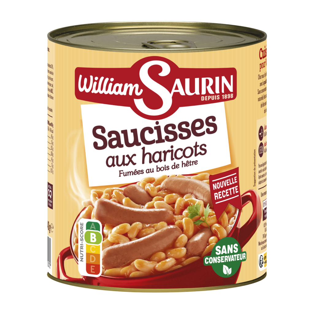 Saucisses aux haricots blancs fondants William Saurin, cuisinées dans une sauce tomate savoureuse.