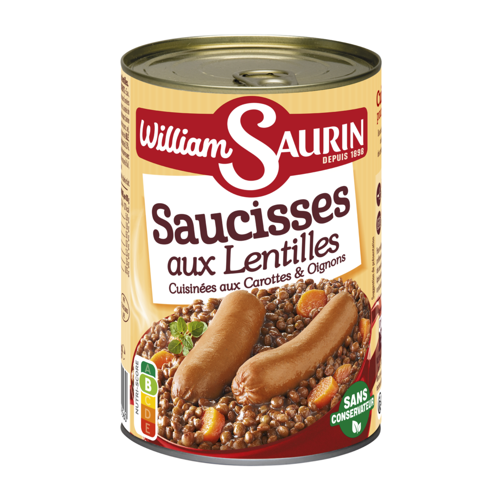 Saucisses Lentilles William Saurin aux lentilles cuisinées, carottes et oignons fondants.
