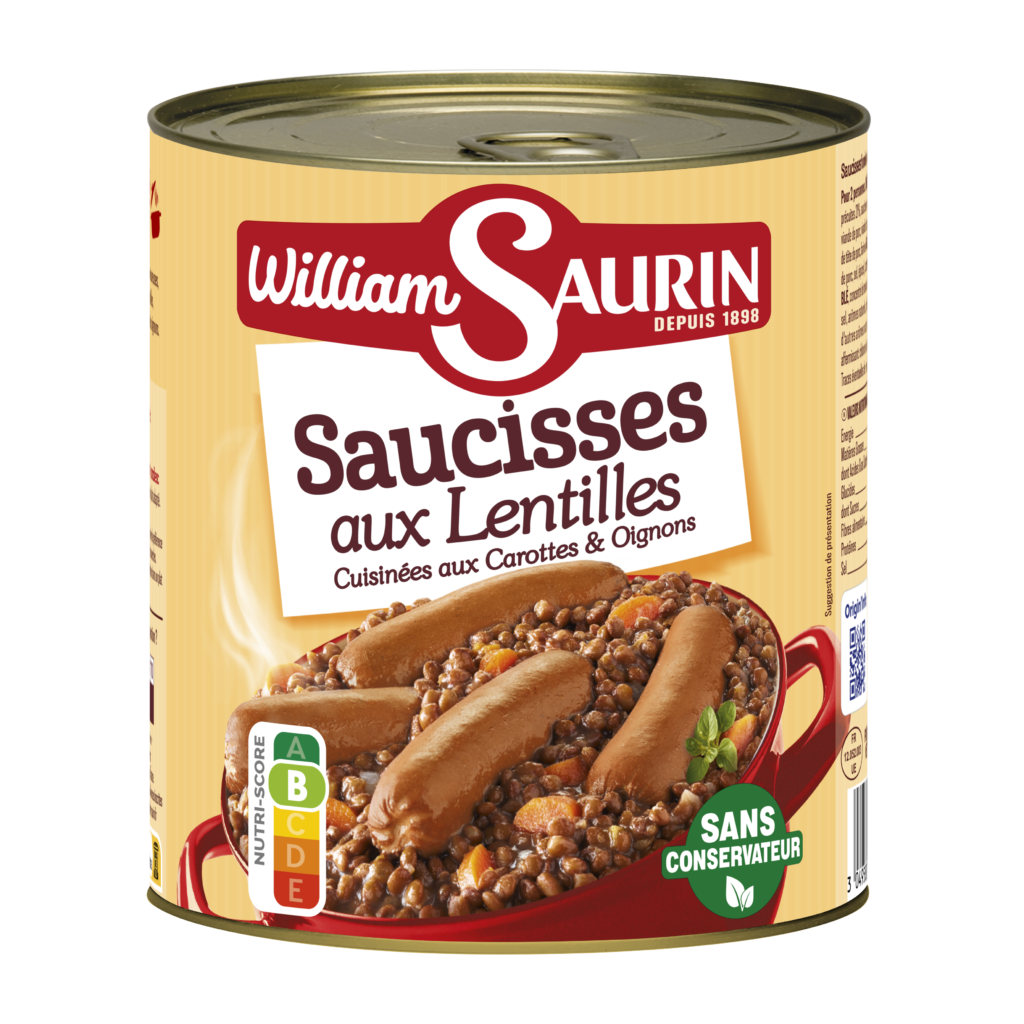 Saucisses Lentilles William Saurin aux lentilles cuisinées, carottes et oignons fondants.