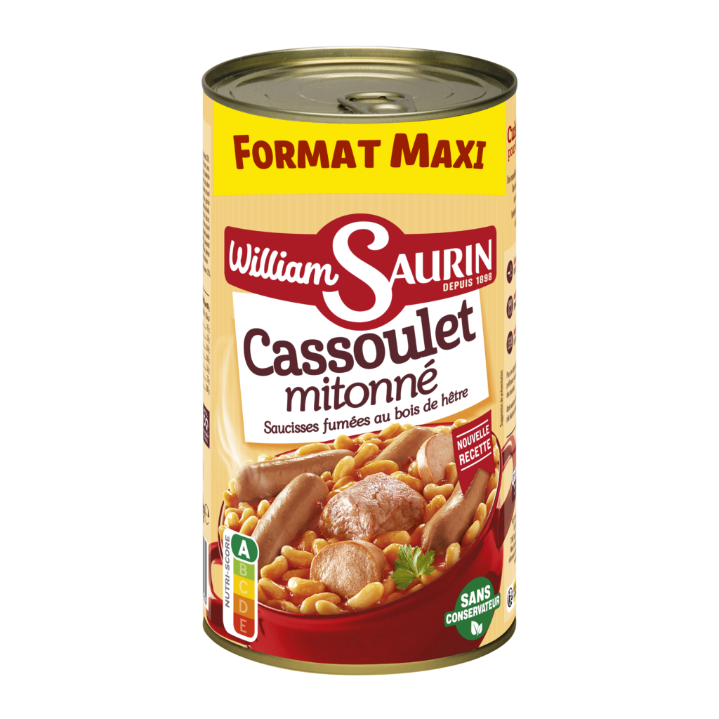 Cassoulet Mitonné William Saurin avec des saucisses fumées au bois de hêtre et des haricots fondants.