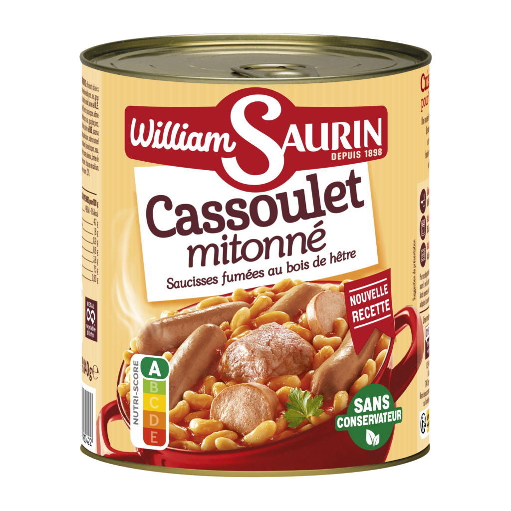 Cassoulet Mitonné William Saurin avec des saucisses fumées au bois de hêtre et des haricots fondants.
