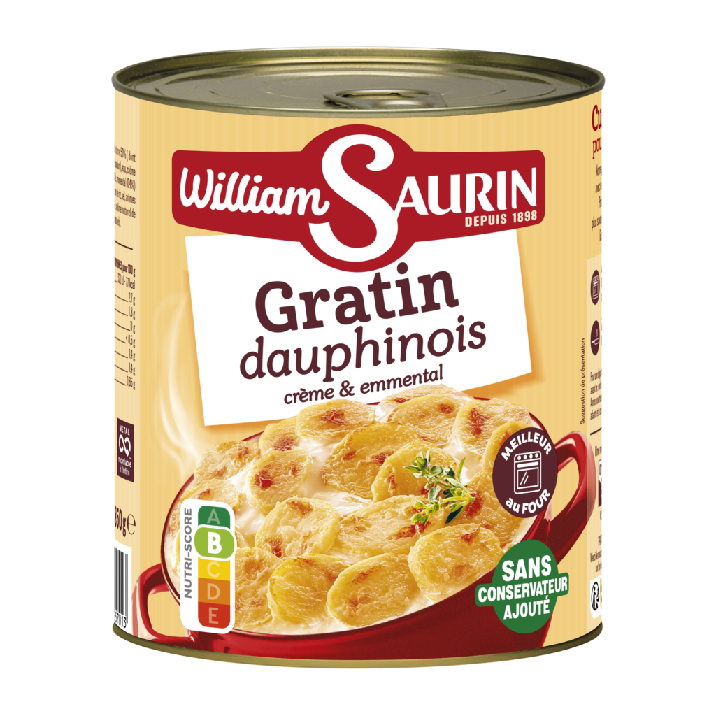 Gratin dauphinois William Saurin, pommes de terre fondantes délicatement cuisinées à la crème pour un plat onctueux et savoureux.
