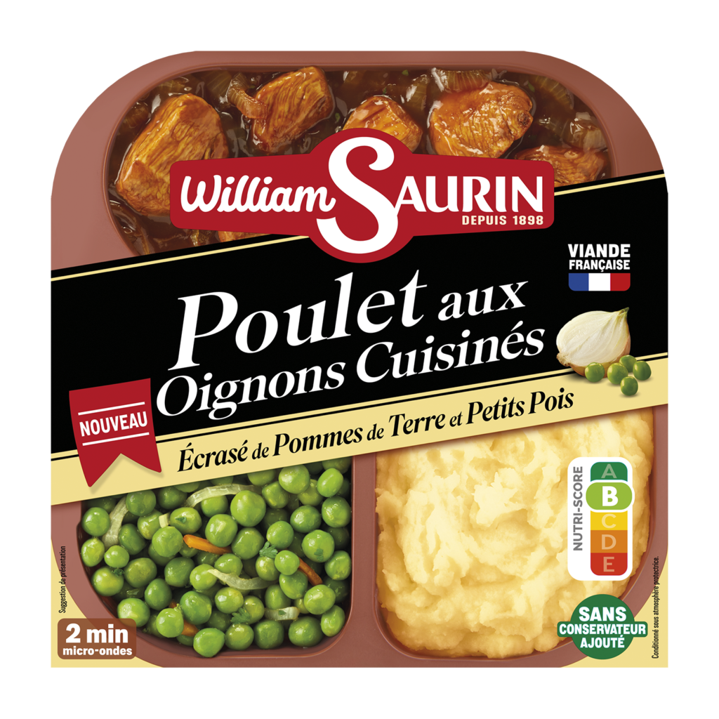 Plat cuisiné de poulet aux oignons, petits pois et écrasé de pommes de terre.